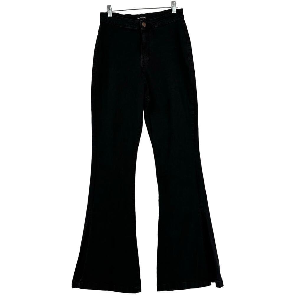 Pretty‎ Little Thing Flare Jeans Size 8 Black High Rise Split Leg Stretch Denim
